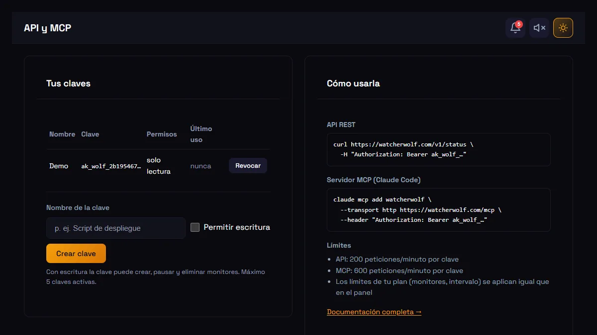 Captura de la función API REST y servidor MCP en WatcherWolf