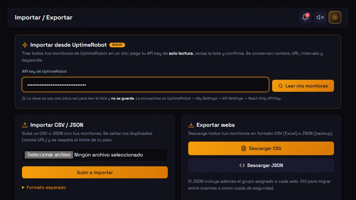Captura de la función Importa desde UptimeRobot en un clic en WatcherWolf